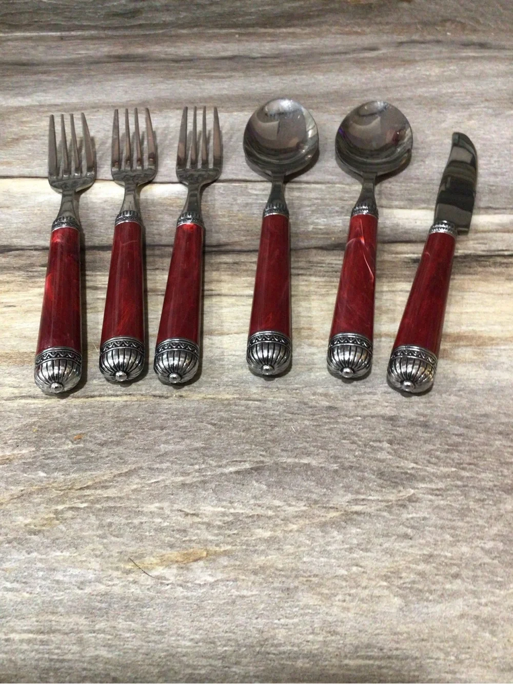 Red Marbled Acrylic Handle Flatware Set Stainless Steel Ornate 6 Piece